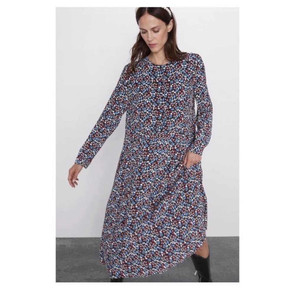 Zara Floral Midi Dress • 100% Viscose • Long Sleeve